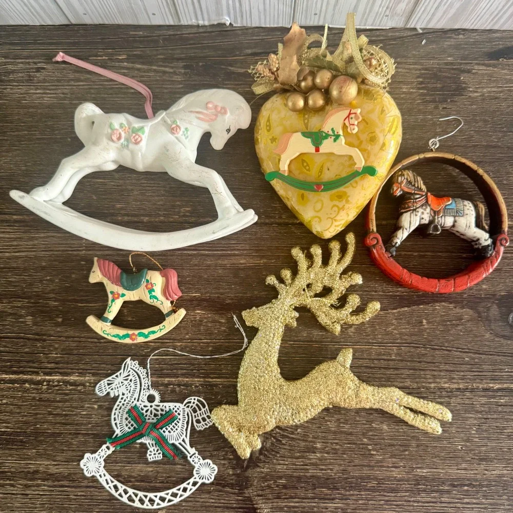 Vintage Rocking Horse and Reindeer Christmas Ornament Set 6 Piece Mixed Media